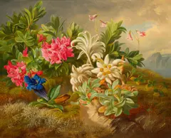 Josef Schuster, Alpine roses, gentian and edelweiss, 1858, oil on panel; framed