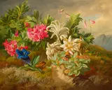 Josef Schuster, Alpine roses, gentian and edelweiss, 1858, oil on panel; framed