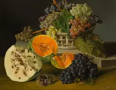 Leopold Zinnögger, Still life with pumpkin and grapes, oil on canvas; framed
