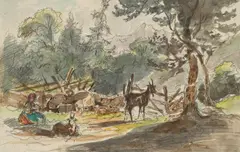 Friedrich Gauermann, Shepherdess with two goats, pencil, watercolour on paper; framed