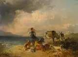 Friedrich Gauermann, A sheep pasture at Lake Attersee, c. 1845, oil on paper on wood; framed