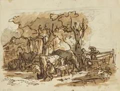 Cattle under trees in the evening by Friedrich Gauermann, c. 1836, pen in brown over pencil, brown wash on paper; framed, offered Nov 2023