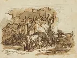 Friedrich Gauermann, Cattle under trees in the evening, c. 1836, pen in brown over pencil, brown wash on paper; framed