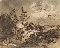 Wolf hunting sheep by Friedrich Gauermann, pen in brown over pencil, brown wash on paper; framed, offered Nov 2023