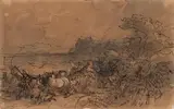 Friedrich Gauermann, Returning home before the tempest, pen in black over pencil, grey wash on brown paper; framed