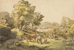 Friedrich Gauermann, Cattle on the pasture near a lake / reverse: pasture scene, pen in brown, watercolour on paper; framed