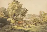 Cattle on the pasture near a lake / reverse: pasture scene by Friedrich Gauermann, pen in brown, watercolour on paper; framed, offered Nov 2023
