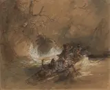 Friedrich Gauermann, Hunter with prey in a barge, pen in black over pencil, heightened with white, grey wash on brown uncoated paper; framed