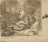 Friedrich Gauermann, A bear fighting dogs, pen in black over pencil, grey wash on paper; framed