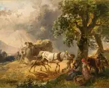 Friedrich Gauermann, Small grain wagon with a grey horse and foal in an approaching thunderstorm