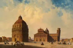 Hubert Sattler, Pisa, view on dome and baptistry, 1864, oil on canvas; framed