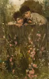 Two children looking over a garden fence by August Xaver Karl Ritter v. Pettenkofen, oil on panel; framed, sold Nov 2023