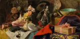 Still Life with Asiatica and Japanese dolls by Gottlieb Theodor Kempf von Hartenkampf, oil on canvas; framed, sold Nov 2023