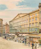 Erwin Pendl, Am Graben in Vienna with the building of Erste Bank der österreichischen Sparkassen, 1896, watercolour on paper; framed