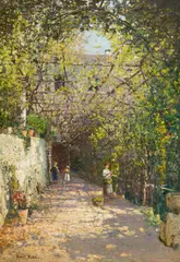 Robert Russ, Arbour near Merano, oil on cardboard; framed