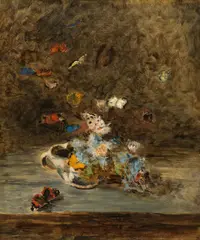 Olga Wisinger-Florian, Floral still life with butterflies, oil on paper on panel; framed