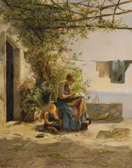 Lea von Littrow, Seamstress with child under pergola, c. 1881-1895, oil on panel; framed