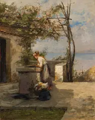 Lea von Littrow, Laundry maid at the fountain in Abbazia, c. 1881-1895, oil on panel; framed