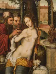 Vincent Sellaer, Susanna and the Elders, oil on panel on wood; framed