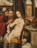 Vincent Sellaer, Susanna and the Elders, oil on panel on wood; framed