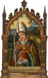 called il Borgognone Ambrogio da Fossano, Portrait of a Church Father, oil on panel, ogival finial; framed