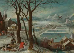 Jan Brueghel the Younger, Allegory of Winter (hunters in the snow), oil on copper; framed