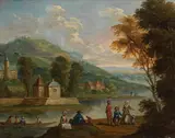 Jan Frans Bredael, River landscape with figures, oil on copper; framed