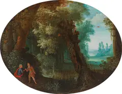 Adrian van Stalbemt, Woodland scenery with the Temptation of Christ, 1610/20, oil on copper; framed