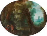 Adrian van Stalbemt, Woodland scenery with the Temptation of Christ, 1610/20, oil on copper; framed