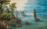 Jan Brueghel the Younger, Landing stage by the river, oil on panel; framed