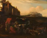 Landscape with shepherds and flock by Johann Heinrich Roos, oil on panel; framed, offered Jun 2023
