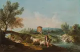 Francesco Zuccarelli, Landscape with shepherd boy and his flock, oil on canvas; framed
