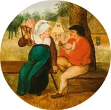 Das Paar mit Spindel und Henne by Pieter Brueghel the Younger, oil on panel, parqueted; framed, sold Jun 2023