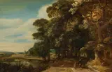 Jacques van der Wijen, Landscape with nobleman hunting birds, oil on panel; parqueted; framed