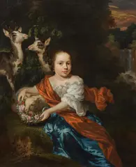 Girl with lamb and deer by Nicolaes Maes, oil on canvas; framed, sold Jun 2023