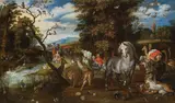 Jan Brueghel the Younger, Paradise with the animals entering Noah's Ark, oil on canvas; framed