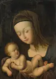 Albrecht Durer, Virgin and Child ("Virgin and child with a pear"), oil on panel; framed