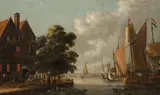 Gillis Peeters der Ältere, Harbour scene with brewery and sailing boats, oil on panel; parqueted; framed