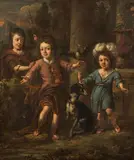 Caspar Netscher, Children playing with hawk and dog, oil on canvas on wood; framed