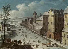 Franz Josef Textor, City with ice skaters, 1737, oil on metal; framed