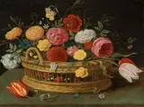 Jan Brueghel the Younger, Roses and tulips in a basket with handles, oil on copper; framed