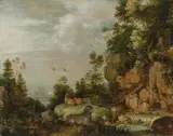 Gillis Claesz. de Hondecoeter, Landscape with dog and wild animals, 1628, oil on panel; framed