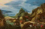 Joos de Momper, Vast rocky landscape with the cleansing of Naaman