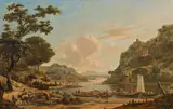 Jan Gabrielsz Sonjé, River landscape with boats and horsemen, 1666, oil on panel, parqueted; framed