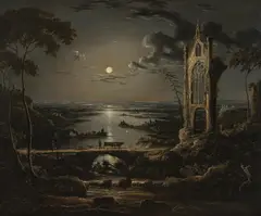 Sebastian Pether, Ruins of a Gothic church façade in a wide valley by moonlight, oil on canvas; framed
