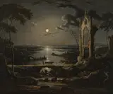 Sebastian Pether, Ruins of a Gothic church façade in a wide valley by moonlight, oil on canvas; framed