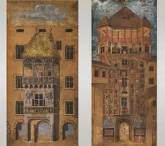 Tyrolean Master, Das Goldene Dachl" and "Der Wappenturm the Hofburg" in Innsbruck (2 pieces), pen, opaque colours, heightened with gold, on paper; framed