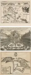 Caspar Merian, Mixed lot of 3 copper engravings: "Extract, Waß A° 1663. zwischen der Röm. Kayserl. May. Leopoldi, vnd Türckische große Macht in dem Königreich Ungarn vorgehen"; "Perspectivische Delineation dess Berümbten und Vesten Schloss Pÿberspurg In Hungarn He. Grafen Palffÿ gehörig : wie solches durch He. Obristen Ioseph Priami Freÿhe. zu Fortificirn"; "Abbildung des Tempels der Ewigkeit, samt der Römischen Kayßerl:May:sehr Prächtigsten Auffzug, 1672/1677, copper engravings from M. Merian "Theatrum Europaeum", 9th/10th volume, Frankfurt a. M.; one unframed