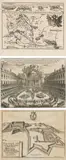 Caspar Merian, Mixed lot of 3 copper engravings: "Extract, Waß A° 1663. zwischen der Röm. Kayserl. May. Leopoldi, vnd Türckische große Macht in dem Königreich Ungarn vorgehen"; "Perspectivische Delineation dess Berümbten und Vesten Schloss Pÿberspurg In Hungarn He. Grafen Palffÿ gehörig : wie solches durch He. Obristen Ioseph Priami Freÿhe. zu Fortificirn"; "Abbildung des Tempels der Ewigkeit, samt der Römischen Kayßerl:May:sehr Prächtigsten Auffzug, 1672/1677, copper engravings from M. Merian "Theatrum Europaeum", 9th/10th volume, Frankfurt a. M.; one unframed