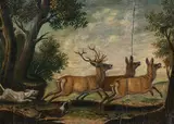 Anton Enzinger, Leaping deer, oil on panel (cracked); framed